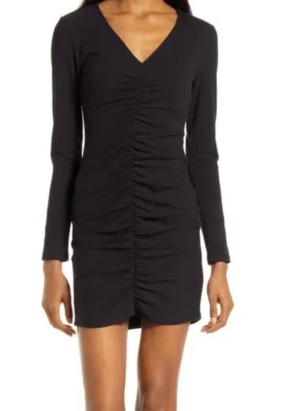 Reformation Black Long-Sleeve Ruched V-Neck Mini Dress